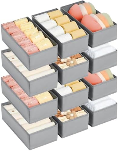 DIMJ Drawer Organizer Clothes - Underwear Organizer Small Sock Organizer Closet Organizers and Storage Box Dresser Drawer Dividers for Baby Clothes,Bra,Socks, Belt, Tie, Set of 12, Grey