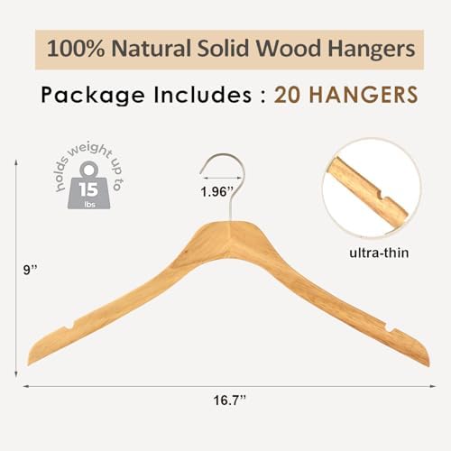 Natural Slim Solid Wood Coat 20 Pack Wooden Clothes Hangers,16.7inch Ultra Thin Space Saving Wooden Adult Hangers,Heavy 