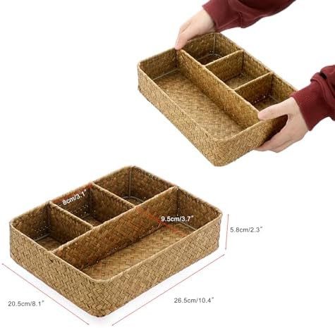 BTSKY Desk Drawer Organizer Tray, Coffee Station Organizer Tea Bag Organizer, Woven Seagrass Storage Basket with 4 Divided Sections Handwoven Wicker Storage Basket for Shelves, Pantry, Coffee Bar