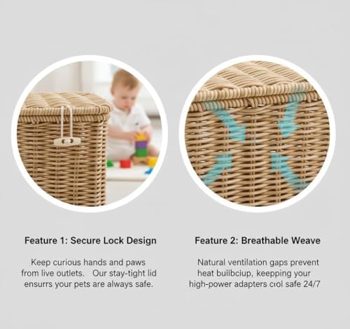 Handwoven Rattan Cable Management Box - Decorative Cord Organizer with Safety Lock, Large Boho Style Wire Hider for Desk