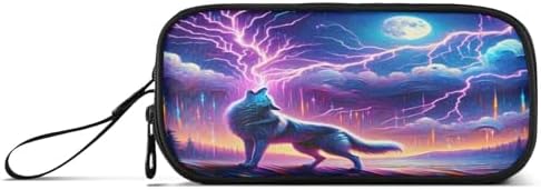 Wolf Howling Moon Lightning Pencil Case Box Boys Girls Large Pencil Pouch with Zipper Compartments Big Capacity Stationery Pen Bag Organizer for Kids Teens Adults School