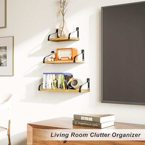 Love-KANKEI Floating Wall Shelves Set of 3,Solid Wood,Carbonized Black