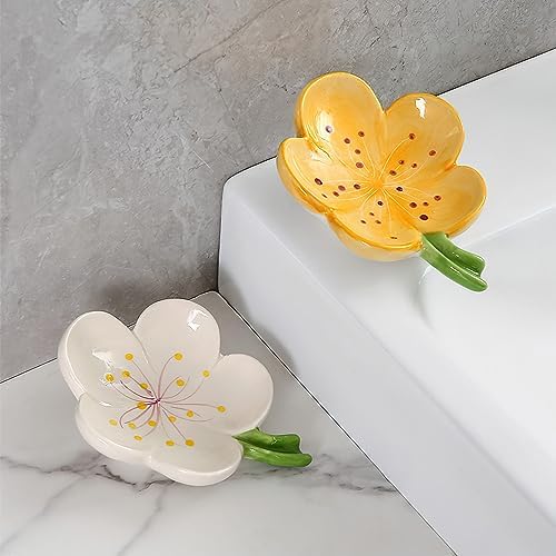Self-Draining Soap Dish Ceramic Cute Bar Soap Holder for Countertop, Kitchen, Bathroom, Bedroom, Peach Blossom, White