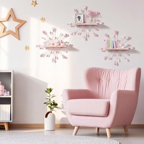 Yaocom 3 Pcs Bling Crystal Floating Shelves Metal Starbursts Wall Decor Folding Shelf Pink Corner Shelves Hanging Wall M
