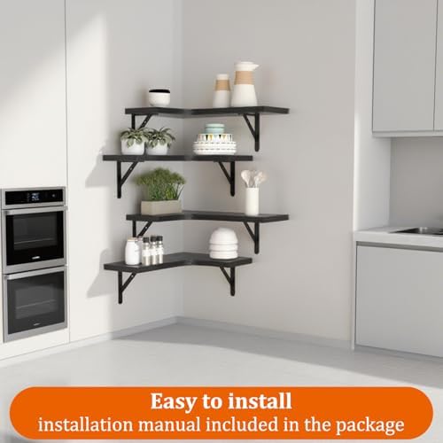 5 Pack Corner Floating Shelves, Wall Mounted Wood Shelf, Black