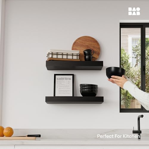 Solid Wood Floating Shelves For Wall 16 inch Black, Bathroom Wooden Shelf