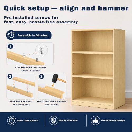 CTESNE【2026 Adjustable Shelves 3-Tier Bookcase, 71 inches, Wooden Open Display Floor Bookshelf (Oak Color)