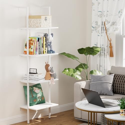 Wolawu Ladder Shelf 4 Tiers Metal Industrial Bookshelf,White Wooden Tall Open Storage Rack and Display Shelves,Wall Moun