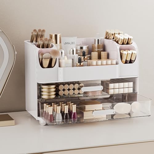 Delamu Large Makeup Organizer Countertop with 6 Brush Holders, White