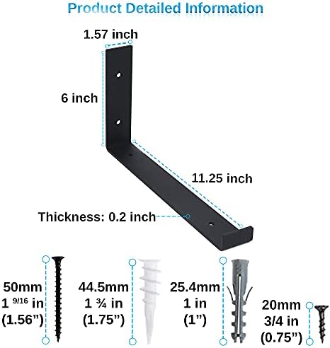 Shelf Brackets 4 Pack Heavy Duty Floating 12.0" L x 6.0" H x 1.5" W (Fits: 11.25" Board) Black Metal Shelves Wall Mounte