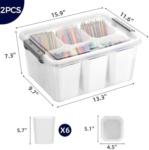 17 Qt Craft Organizers and Storage with Removable Divider, Marker Organizer for Crayons, Pencils & Art Supply, 2 Packs