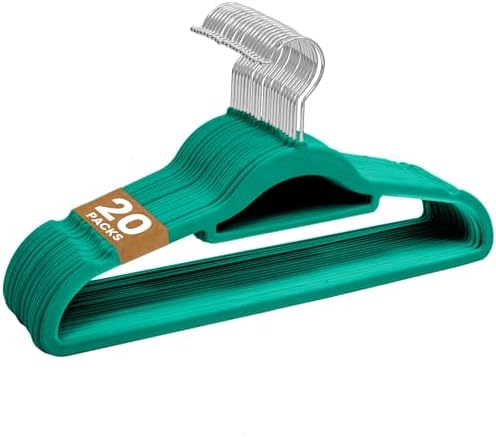 Velvet Hangers 20 Pack - Non-Slip Clothes Hangers with 360° Swivel Hook & Tie Organisers, Slim, Space-Saving Closet Hangers for Coats, Suits & Dresses - Wardrobe Organiser (Teal)