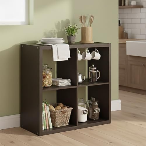Bayan 4 Cube Storage Organizer, Bookshelf, Storage Shelf, with Open Back for Living Room, Bedroom, Home Office, Walnut O
