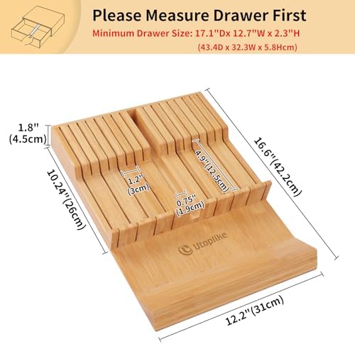 Utoplike In-drawer Knife Block Bamboo Kitchen Knives Drawer Organizer Large