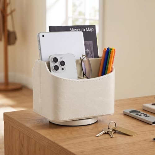 UnionBasic Rotating Desk Organizer, 360 Desk Spinning Caddy, Desktop TV Guide/Mail/Media/Remote Controller Holder Organizer, Creamy White - Printed Oil Leather