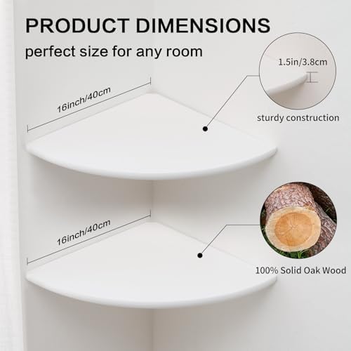 Corner Wall Shelves, White Floating Corner Shelf, Set of 2 16inch Solid Oak Wood Shelves, Round End Wall Mount Display S