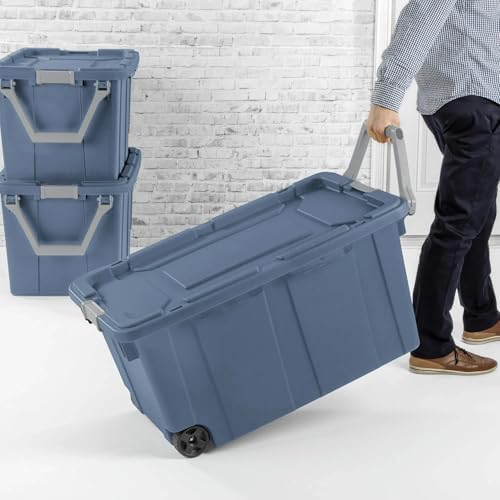 Modern Plastic & Metal 40 Gallon Lidded Home Storage Bins, Stackable Industrial Storage Containers Tote, Organizing Tote