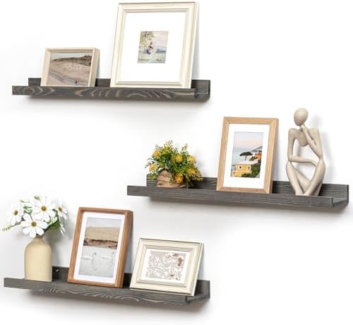 FLYJOE Picture Ledge Wall Shelves - 24 Inch Width Set of 3, Solid Pine Wood Rustic Floating Ledge Shelves for Kids' Room, Bedroom, Kitchen, Bathroom, Living Room, Nursery Display Wall Decor, Grey