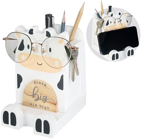 I'm Solid Wood Multipurpose Eyeglass Phone Pen & Pencil Holder Stand Stationery Desk Box Organizer Accessories Decor, Cute Farm Animal for Home Office Desktop Decor Birthday Graduation Gifts (Cow)