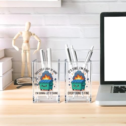 Dumpster Fire Funny Acrylic Pencil Pen Holder Cup Set 2, Cute Pencil Holder Desk Organizer, Dumpster Fire Desk Accessories, Mental Health Sarcastic Office Gifts for Women Men Coworkers Teachers