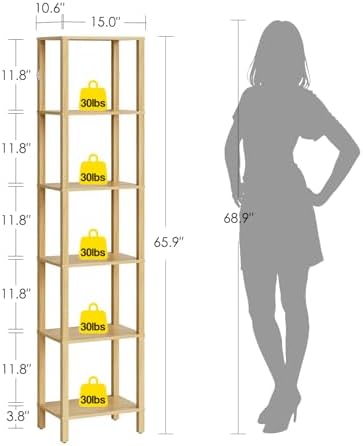 Open Book Shelf, 6 Tier Tall Bookshelf, Freestanding Shelf Narrow Bookcase with Open Shelves, 14.57" x 10.63" x 65.83", 