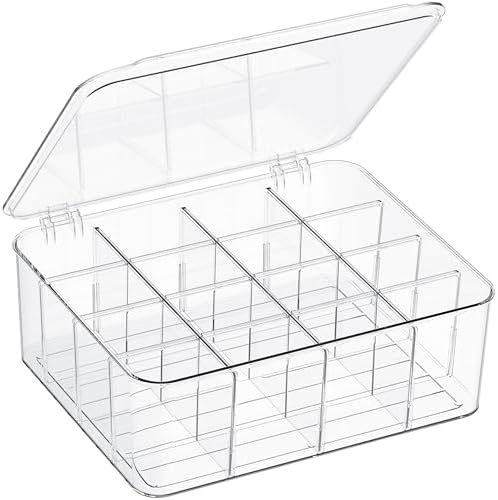 Sock Underwear Organizer, 16 Compartment Adjustable Dividers Tie Socks Underwear Drawer Organizers for Closet, Clear Plastic Storage Containers Box with Lids for Ties Scarf Socks Bras