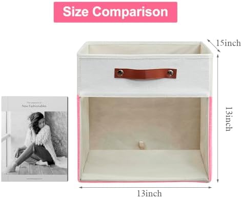 Bagnizer Storage Cubes, 4 Pack Linen Foldable Storage Bins with Clear Window and 2 Handles, 13x15x13 Storage Cube Bins for Shelf Closet, Kallax, Clothes, Books - (Pink / Off-White)