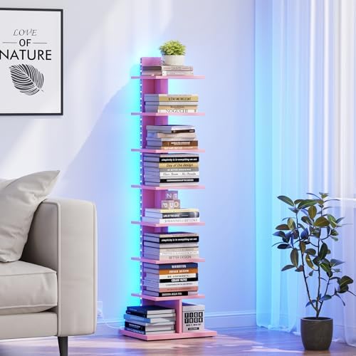TUTOTAK Book Shelf, Narrow Spine Bookshelf, 8-Tier Bookcase with LED Lights