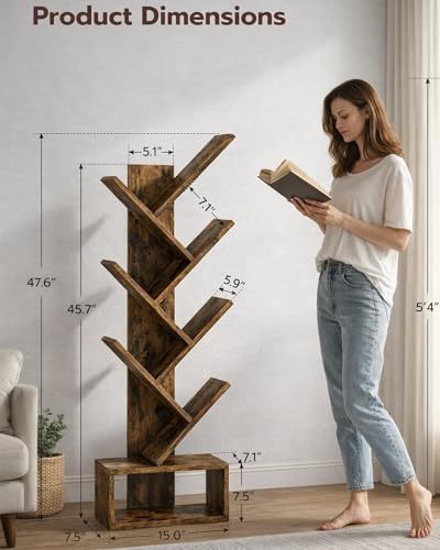 6 Tier Tree Book shelf - Small Bookcase and Small Bookshelf for Small Spaces, 15.0-Inch Wide Rustic Standing Organizer w
