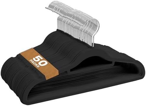 50 Pack Velvet Hangers | Non-Slip Velvet Clothing Hangers with Tie Organisers | Space Saving Hangers and 360° Swivel Hooks Wardrobe Storage Organiser, Black