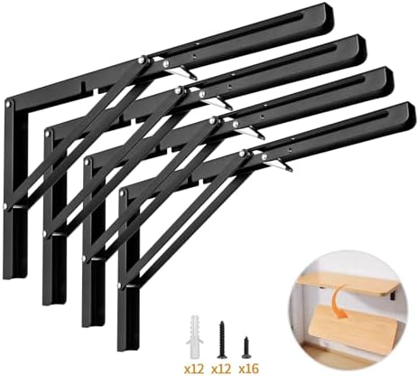 Yarssihha 16 Inch Folding Shelf Bracket, 4 Pack Heavy Duty Wall Mounted Foldable Brackets, Space-Saving Metal Collapsibl