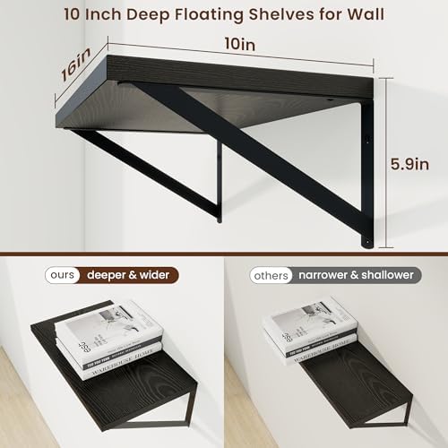 Axeman Deep Floating Shelves, 16'' x 10'' Black Wall Shelves Set of 2