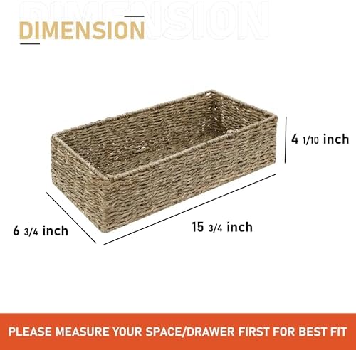 HOMESTEAD 2-Pack Rectangular Seagrass Storage Baskets with Built-In Handles, Handwoven Wicker Baskets for Pantry, Shelf, Closet & Bathroom Organization, 16 × 6.75 × 4.25 in
