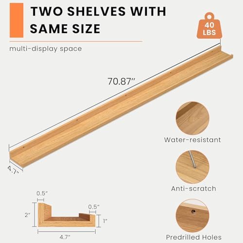 Heimlove Picture Ledge Shelf, Floating Shelves Set of 2, 72 Inches Long Large Picture Shelf for Wall with Ledge, Kids Bookshelf Wall Mounted for Living Room Bedroom Decor Books Photo Frames, Oak