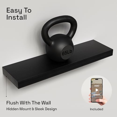Solid Wood Floating Shelves for Wall 24 inch Black, Wooden Bathroom Shelf
