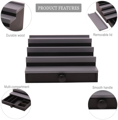 4 Tier Men's Cologne Organizer, Black Gray Wood Display Stand with Drawer