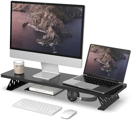 Fenge Monitor Stand Riser, Wooden & Metal Desk Shelf Organizer, Black