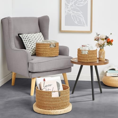 Vagusicc Wicker Storage Basket, Hand-Woven Paper Rope Large Round Woven Basket With Handles, Wicker Baskets for Organizing/Storage, Natural, 3-Pack