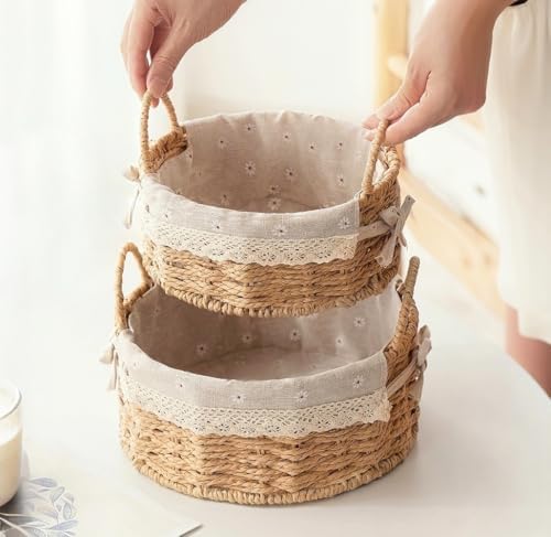 GIB Small Round Wicker Storage Baskets for Organizing with Handle and Liner