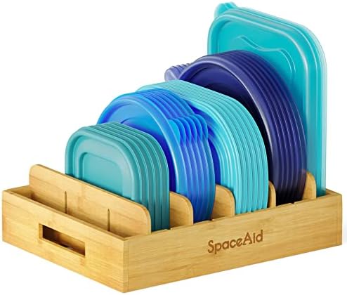 SpaceAid Bamboo Lid Organizer, Kitchen Pantry Lids Holder with 5 Adjustable Dividers for Cabinets, Food Storage Containe