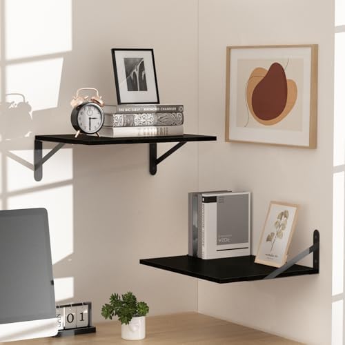 Black Deep Floating Shelves for Wall, 16" W x 12" D Wood Shelf Set of 2, Bookshelf Wall Mounted Hanging Shelves for Livi