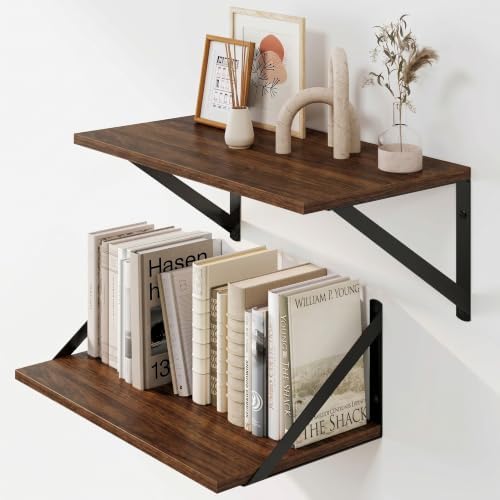 Heimlove Black Deep Floating Shelves for Wall, 15.75W x 8D Wood Wall Shelves Set of 2, Wide Floating Bookshelf for Livin