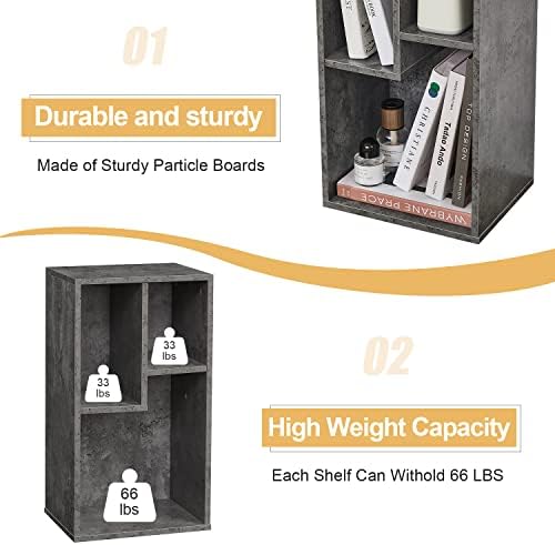 VECELO Small Gray Bookshelf, Freestanding 3 Open Cubby Storage Cabinet with Uneven Compartments, Thickened Board, Fits L