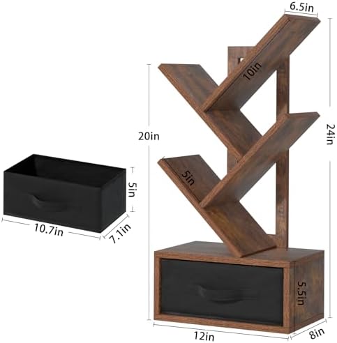 SHEEPAM 4-Tier Tree Bookshelf Small Bookcase with Drawer