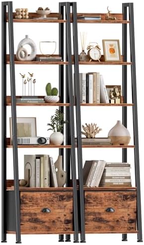 Furologee Bookshelf Set of 2, 6 Tier Ladder Shelf with Drawer
