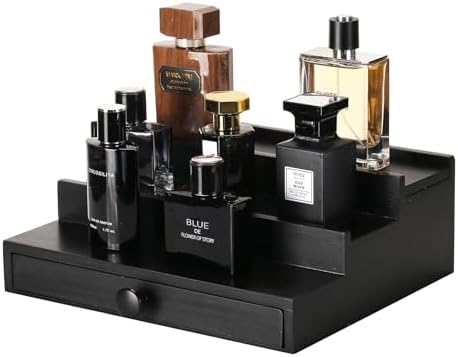 3 Tier Men's Cologne Organizer, Black Wooden Display Stand with Drawer