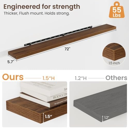 72 Inch Floating Shelves for Wall 2 Pack, Wood Wall Bathroom Shelves