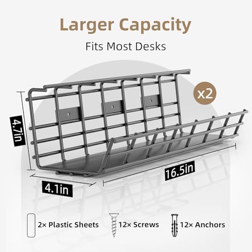 2 Pack DELAMU Under Desk Cable Management Tray, Large Metal Cord Organizer, Office & Home Cord Wire Management Under Des