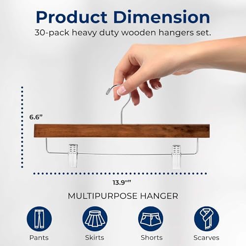 SereneLife Wooden Pants Hangers, 30-Pack Hangers with Adjustable Clips and Anti-Rust Swivel Hook, Space-Saving Pant Organizer for Closet, Ideal for Jeans, Slacks, Shorts, Trousers, Skirts (Retro)