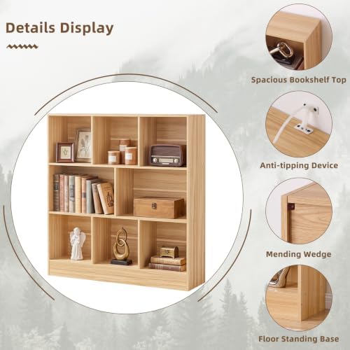 YAHARBO 3 Tier 8 Cube Horizontal Bookshelf,Low Bookcase for Sleves,Natural